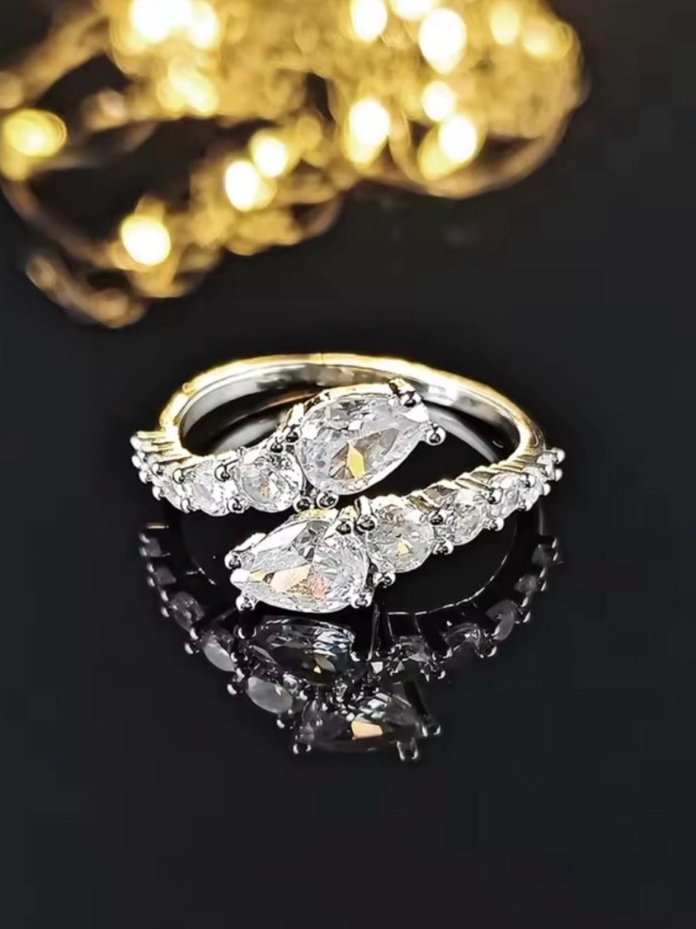 Elegant Adjustable Double Teardrop CZ Ring - Silver/Gold Finish